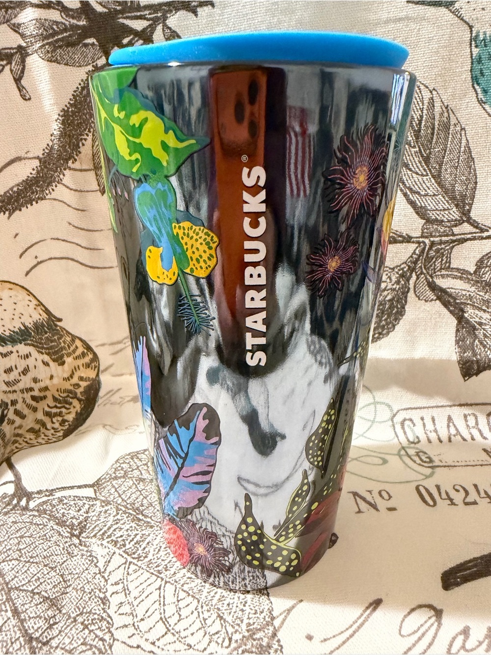 Starbucks Black Floral Ceramic Travel Tumbler with Blue Lid